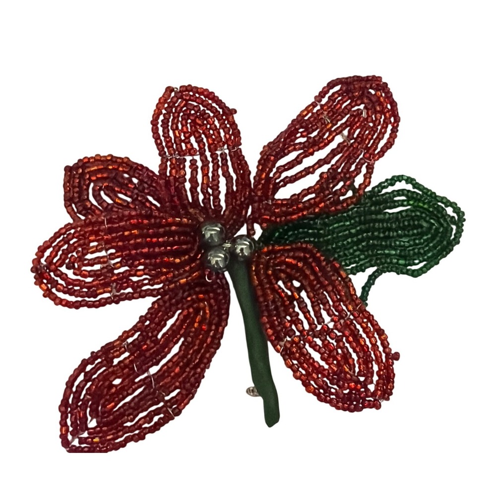 Vintage Christmas Holiday Beaded Poinsettia Brooch Festive Retro Kitschy Artisan